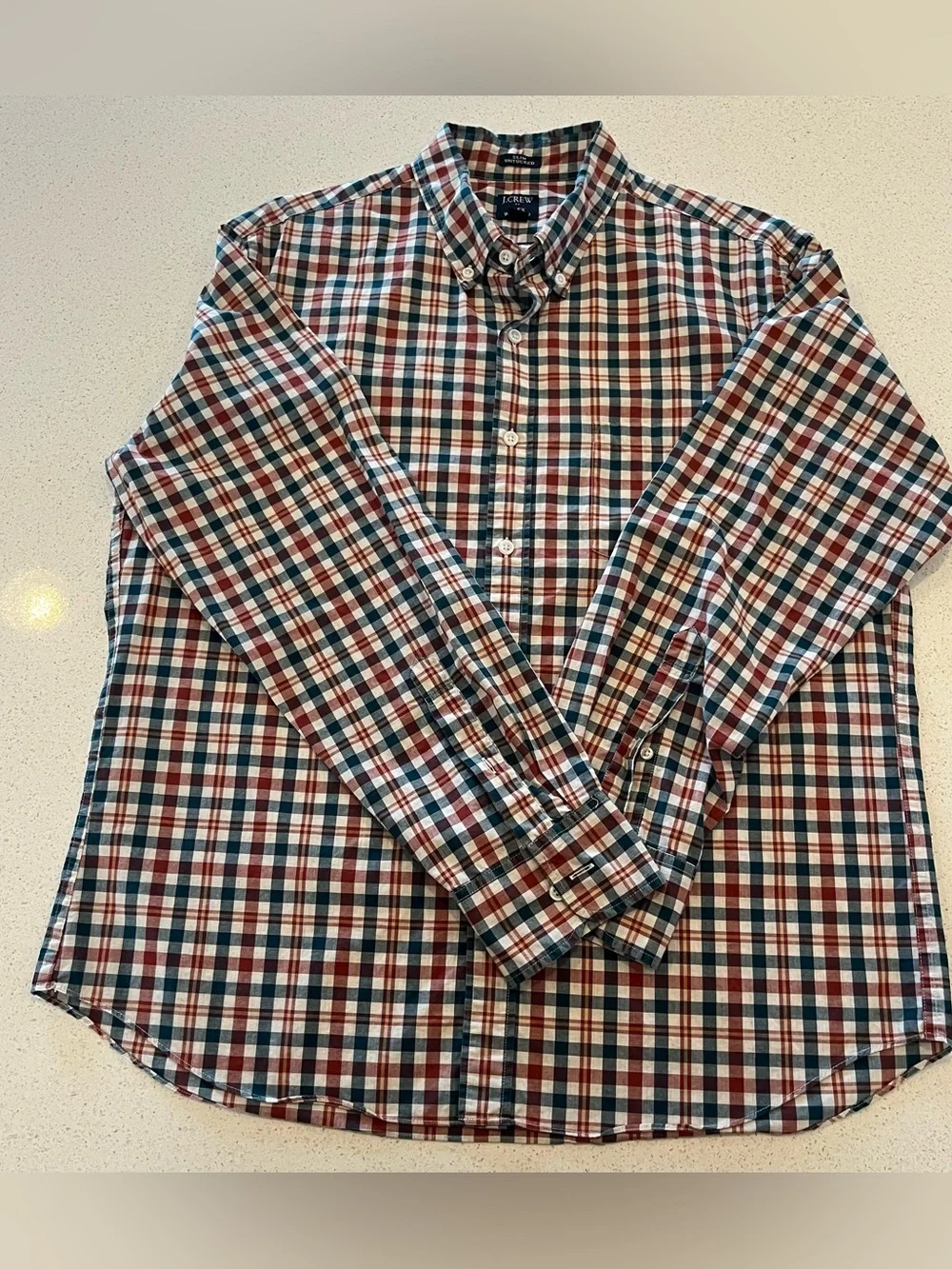 J. Crew Men's Red, Teal & White Plaid Button-Down Shirt Size L